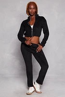 Womens Toggle Drawstring Hem Plush Zip Front Top, Black, Size L