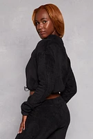 Womens Toggle Drawstring Hem Plush Zip Front Top, Black, Size L