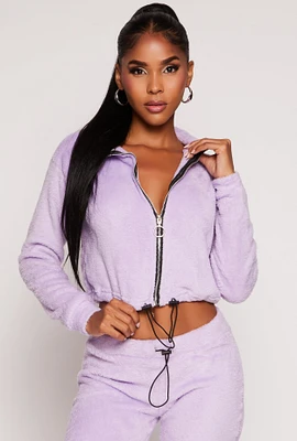 Womens Toggle Drawstring Hem Plush Zip Front Top, Purple, Size L