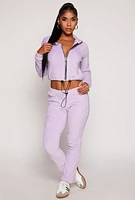 Womens Toggle Drawstring Hem Plush Zip Front Top, Purple, Size L