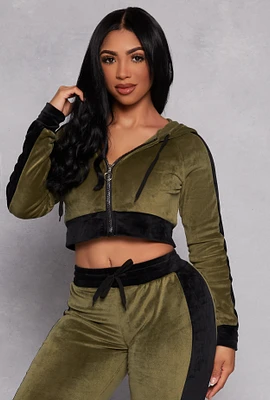 Womens Velour Side Stripe Zip Front Cropped Hoodie, Green, Size L