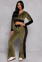 Womens Velour Side Stripe Zip Front Cropped Hoodie, Green, Size L