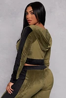 Womens Velour Side Stripe Zip Front Cropped Hoodie, Green, Size L