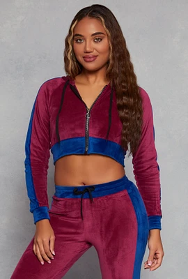 Womens Velour Side Stripe Zip Front Cropped Hoodie, Burgundy, Size L
