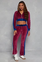 Womens Velour Side Stripe Zip Front Cropped Hoodie, Burgundy, Size L