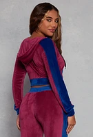 Womens Velour Side Stripe Zip Front Cropped Hoodie, Burgundy, Size L