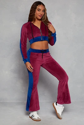 Womens Velour Side Stripe Flare Pants, Burgundy,