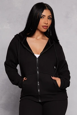 Womens Faux Fur Lined Zip Front Hoodie, Black, Size M