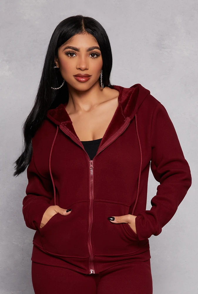 Womens Faux Fur Lined Zip Front Hoodie,