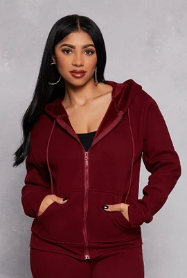 Womens Faux Fur Lined Zip Front Hoodie,