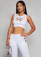 Womens Leather Look Flower Keyhole Crop Top, White, Size M
