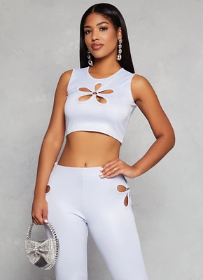 Womens Leather Look Flower Keyhole Crop Top, White, Size S