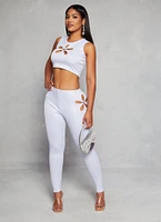 Womens Leather Look Flower Keyhole Crop Top, White, Size S