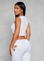 Womens Leather Look Flower Keyhole Crop Top, White, Size S