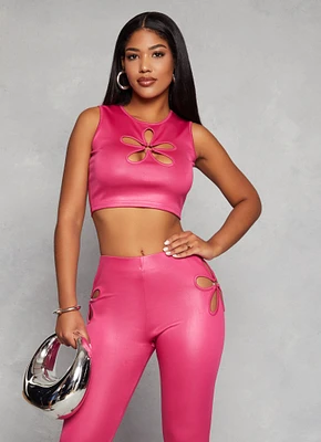 Womens Leather Look Flower Keyhole Crop Top, Pink, Size L