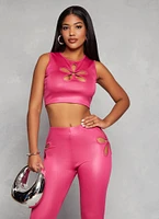 Womens Leather Look Flower Keyhole Crop Top, Pink, Size L