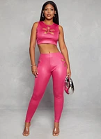 Womens Leather Look Flower Keyhole Crop Top, Pink, Size L