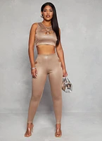 Womens Leather Look Flower Keyhole Crop Top, Beige, Size L