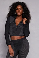 Womens Seamless Laser Cut Detail Cropped Track Jacket, Black, Size L-XL