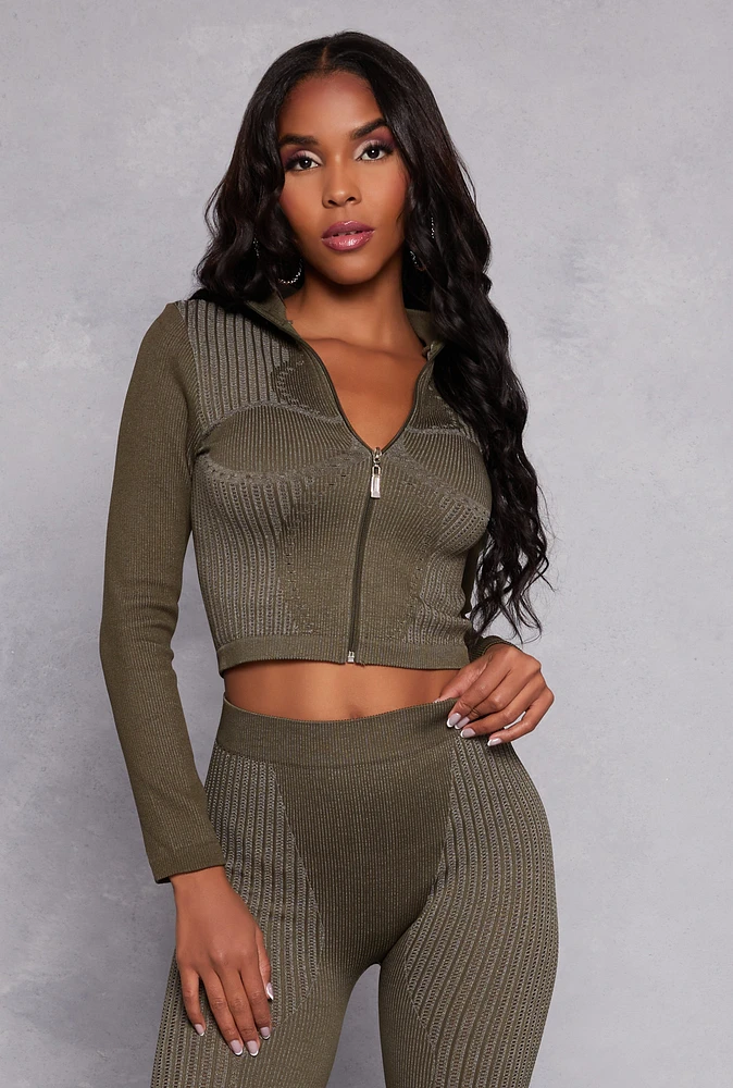 Womens Seamless Laser Cut Detail Cropped Track Jacket, Green, Size L-XL