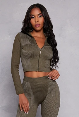 Womens Seamless Laser Cut Detail Cropped Track Jacket, Green, Size L-XL