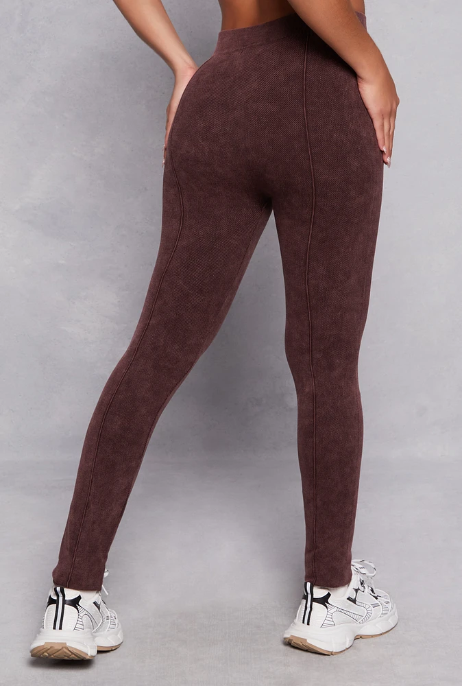 Womens Seamless Ribbed Pintuck High Waist Leggings, Brown, Size S-M