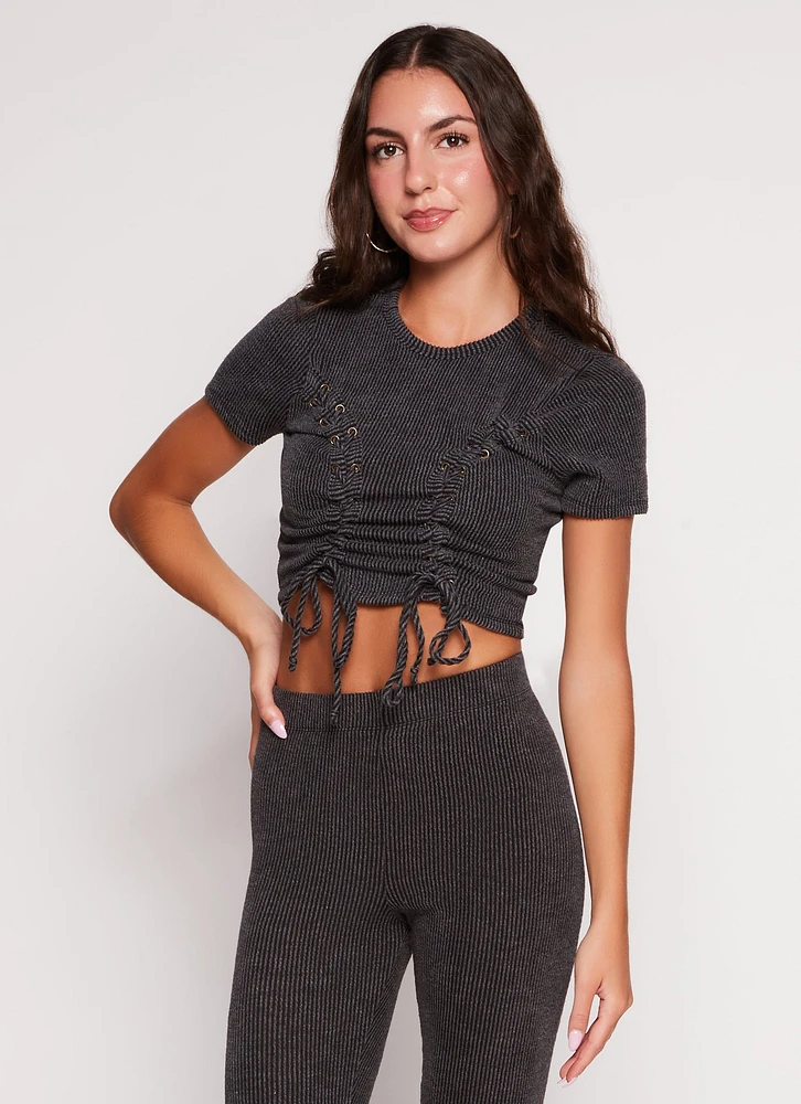 Womens Ribbed Knit Ruched Lace Up Crop Top, Black, Size S
