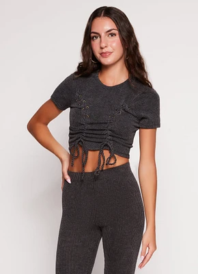 Womens Ribbed Knit Ruched Lace Up Crop Top, Black, Size S