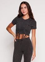 Womens Ribbed Knit Ruched Lace Up Crop Top, Black, Size S