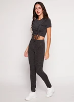 Womens Ribbed Knit Ruched Lace Up Crop Top, Black, Size S