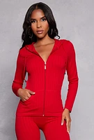 Womens Seamless Shadow Stripe Zip Hooded Top, Red, Size L-XL