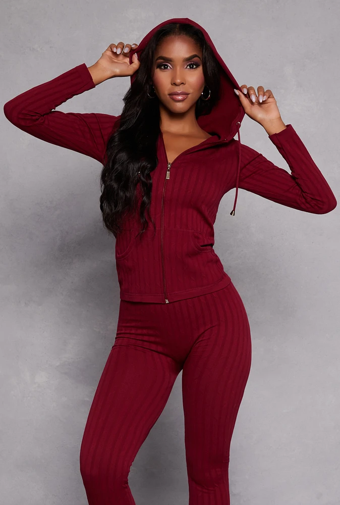 Womens Seamless Shadow Stripe Zip Hooded Top, Burgundy, Size S-M