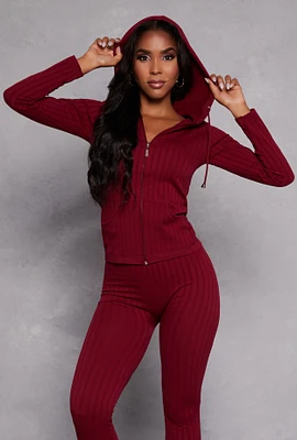 Womens Seamless Shadow Stripe Zip Hooded Top, Burgundy, Size S-M