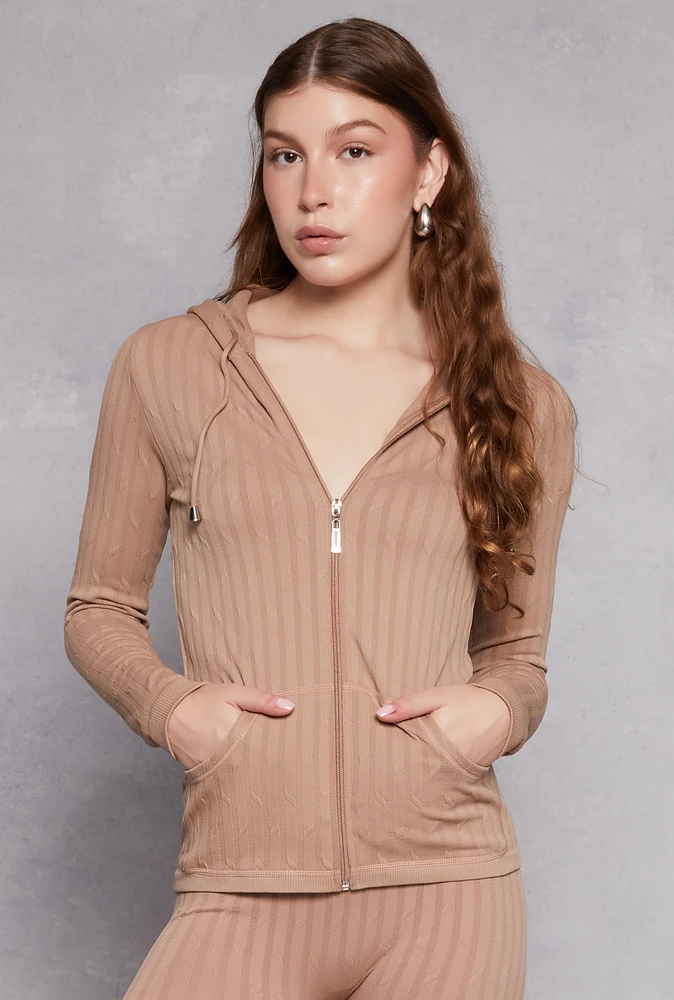 Womens Seamless Shadow Stripe Zip Hooded Top, Beige, Size S-M