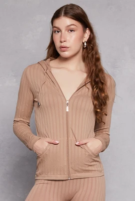 Womens Seamless Shadow Stripe Zip Hooded Top, Beige, Size S-M