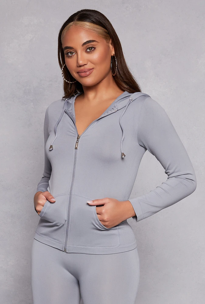 Womens Seamless Zip Front Hooded Top, Grey,