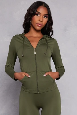 Womens Seamless Zip Front Hooded Top, Green, Size L-XL