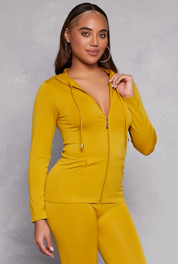 Womens Seamless Zip Front Hooded Top, Yellow, Size S-M