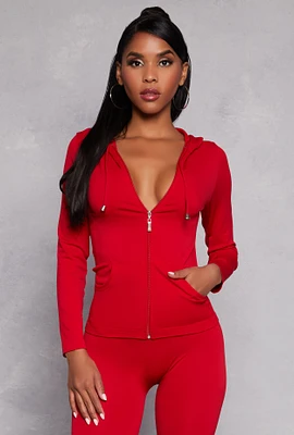 Womens Seamless Zip Front Hooded Top, Red, Size S-M