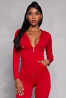 Womens Seamless Zip Front Hooded Top, Red, Size S-M