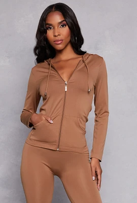 Womens Seamless Zip Front Hooded Top, Brown, Size S-M