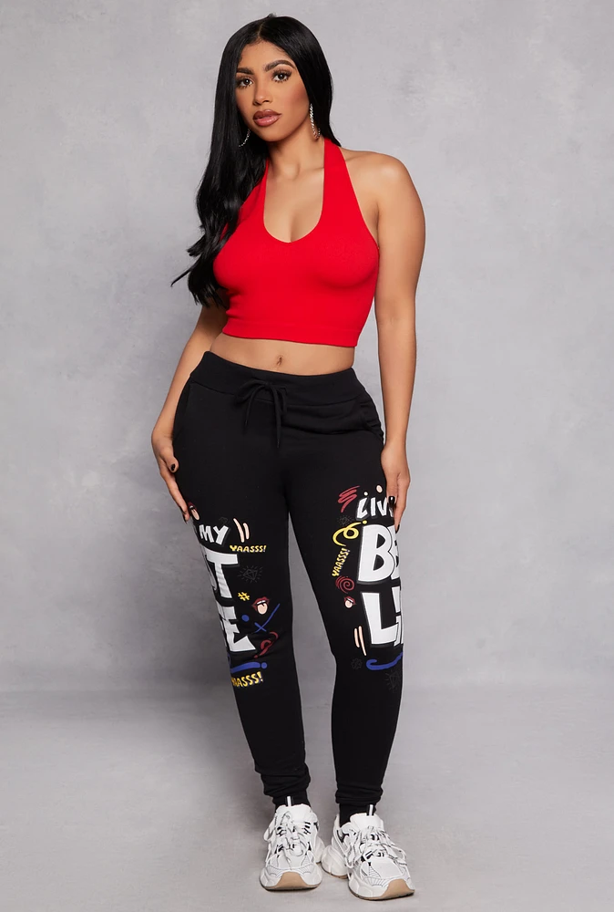Womens Living My Best Life Graphic Drawstring Joggers, Black, Size M