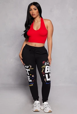 Womens Living My Best Life Graphic Drawstring Joggers, Black, Size M