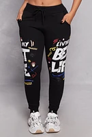 Womens Living My Best Life Graphic Drawstring Joggers, Black, Size M
