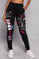 Womens Graphic Print Drawstring Joggers, Black, Size L