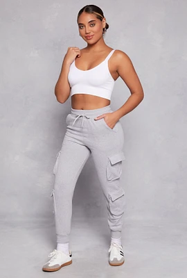 Womens Fleece High Waist Drawstring Cargo Joggers, L