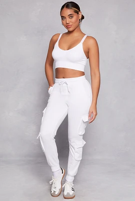 Womens Fleece High Waist Drawstring Cargo Joggers, White, Size XL