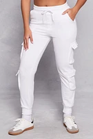 Womens Fleece High Waist Drawstring Cargo Joggers, White, Size XL