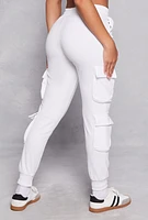 Womens Fleece High Waist Drawstring Cargo Joggers, White, Size XL
