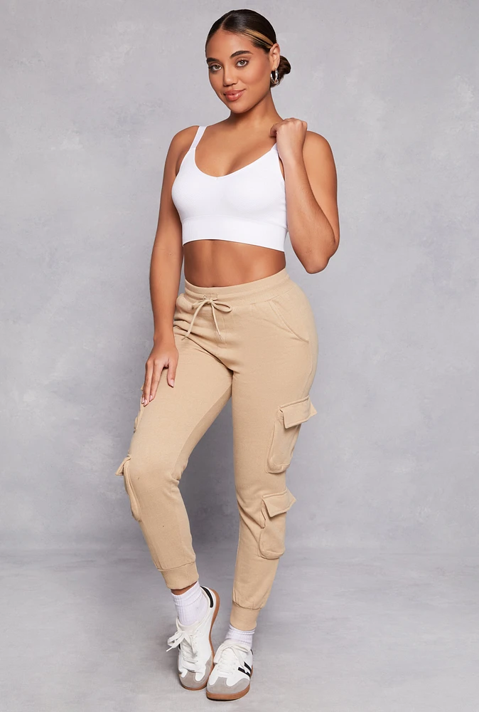 Womens Fleece High Waist Drawstring Cargo Joggers, L